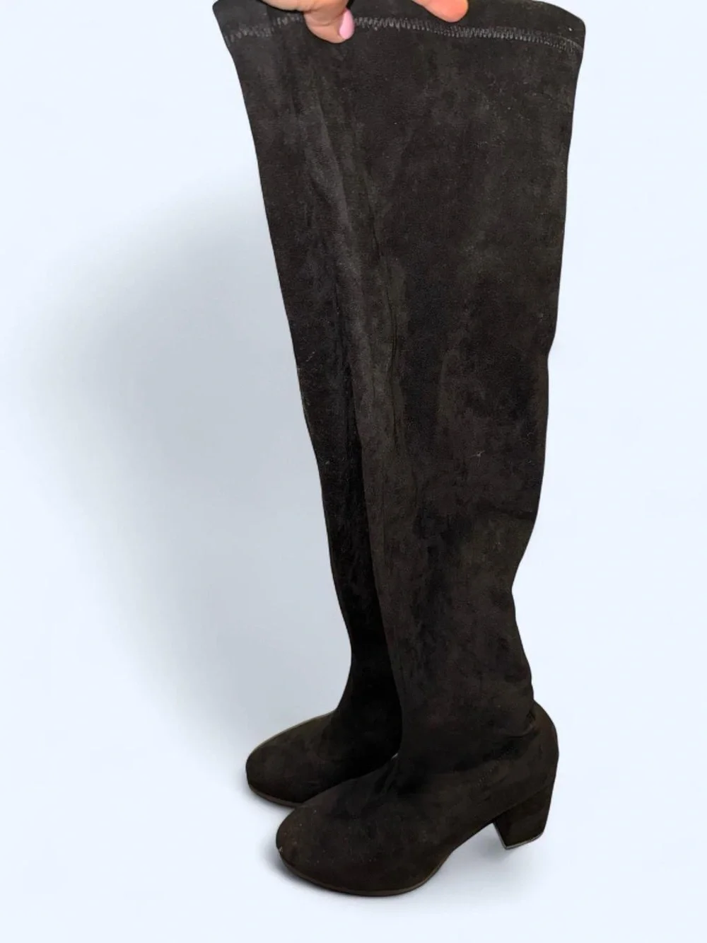 Black Suede Over-the-Knee Block Heel Boots - Women's